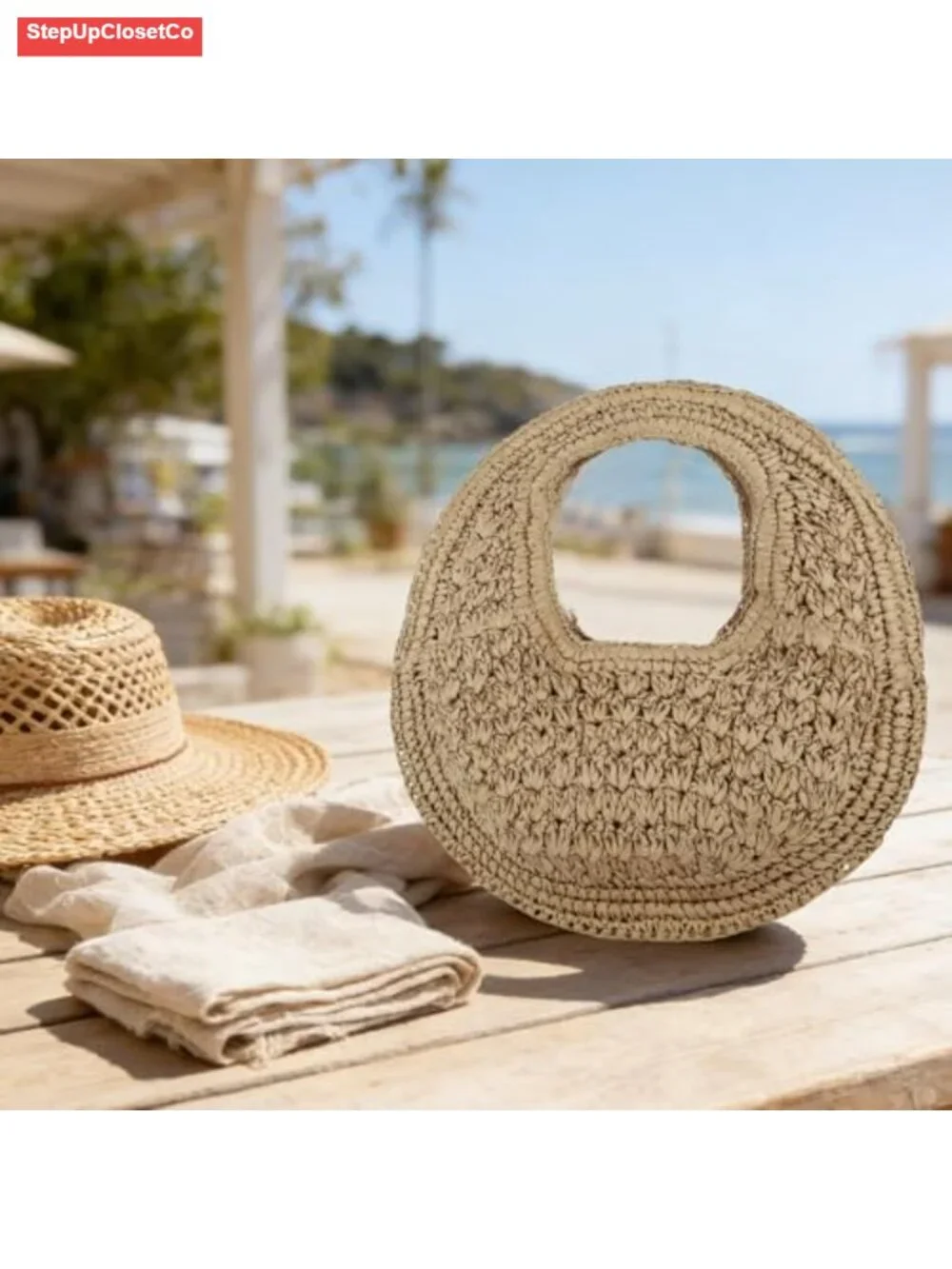 Woven Straw Clutch Bag Crescent Summer Beach Purse Handheld Tote
